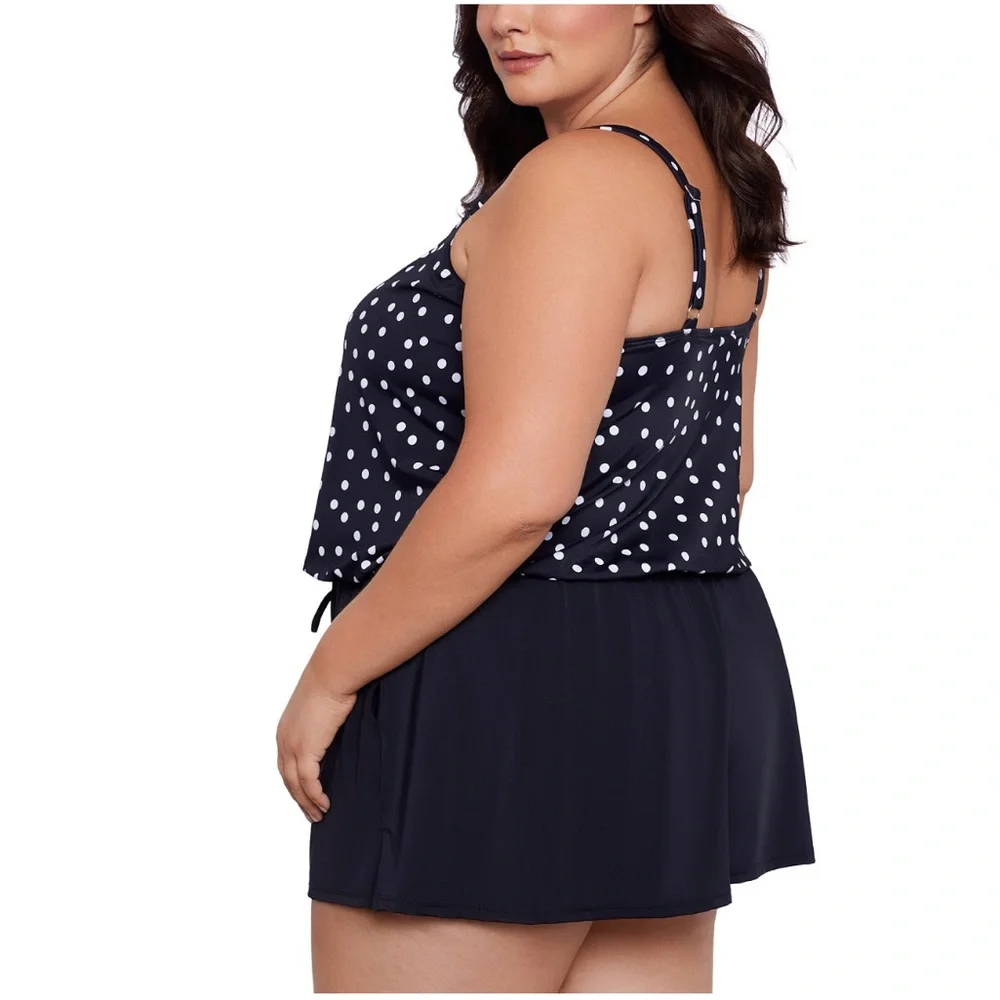 Swim Solutions 22W Plus Size Polka Dot Swim Romper One Piece Black White NWT - Picture 2 of 16